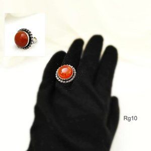 Round Gem Ring CARNELIAN Orange Red Silver Plated